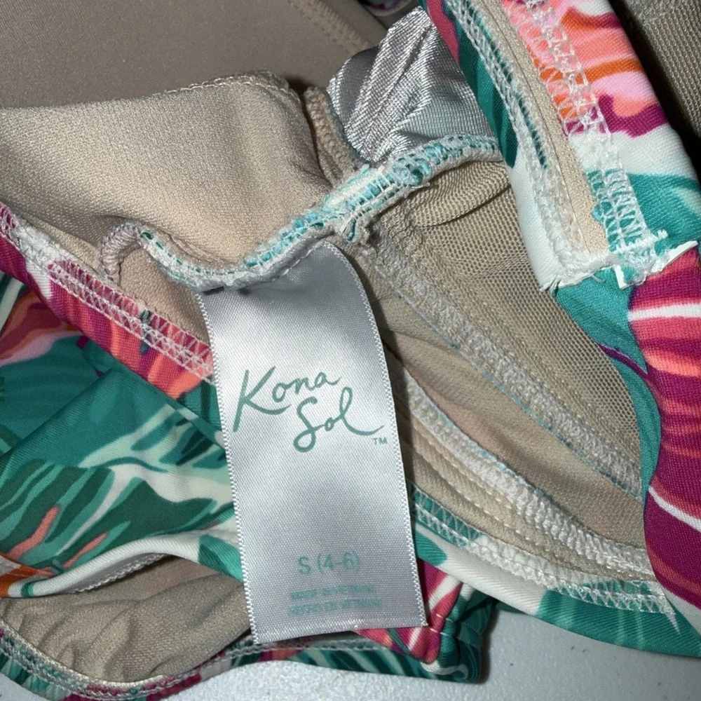 Kona Sol‎ Tropical Floral Palm Print One Piece Swimsuit Green Pink Small 4-6